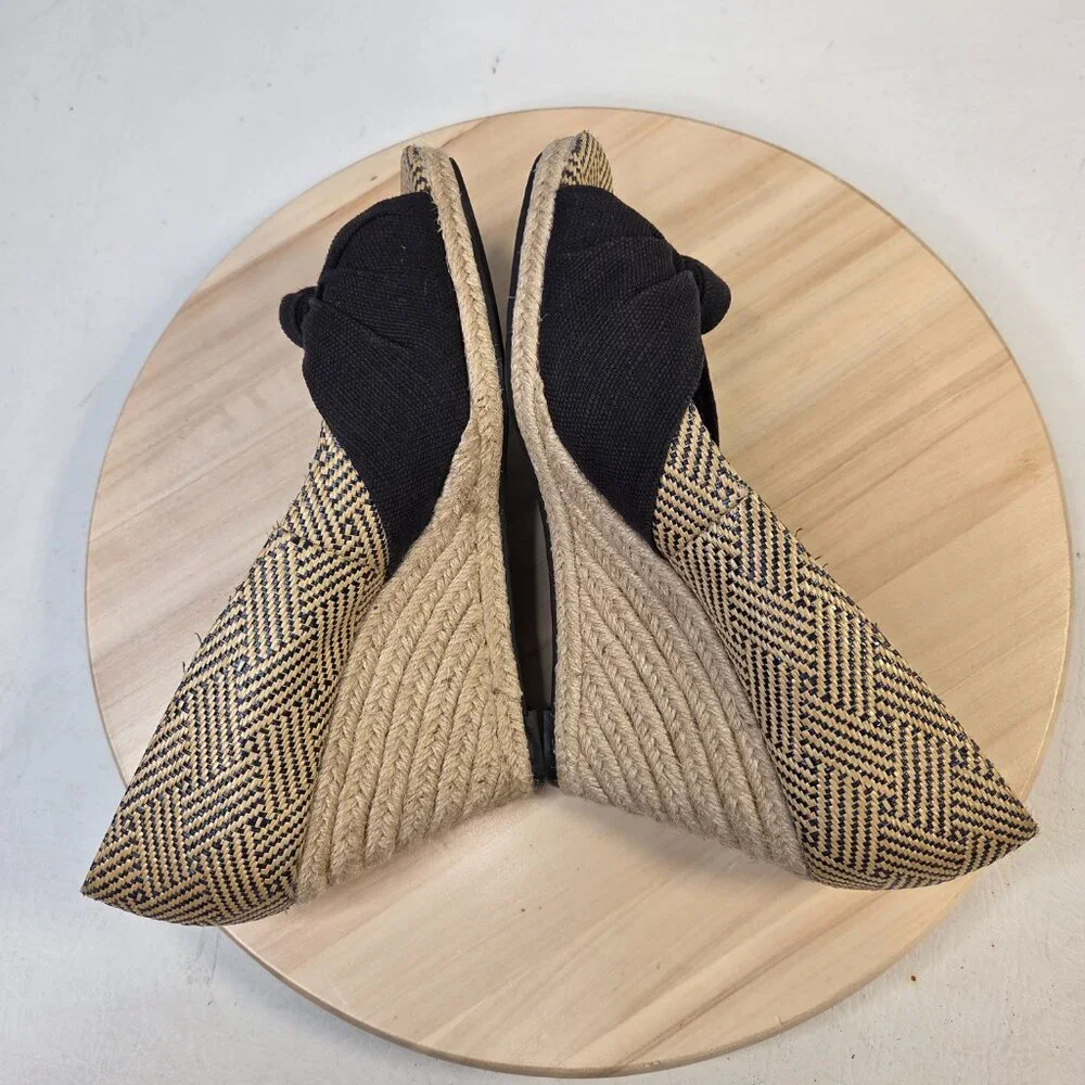 Kelly & Katie Beige & Black Espadrille Wedge Peep Toe Sandals Women US 9.5